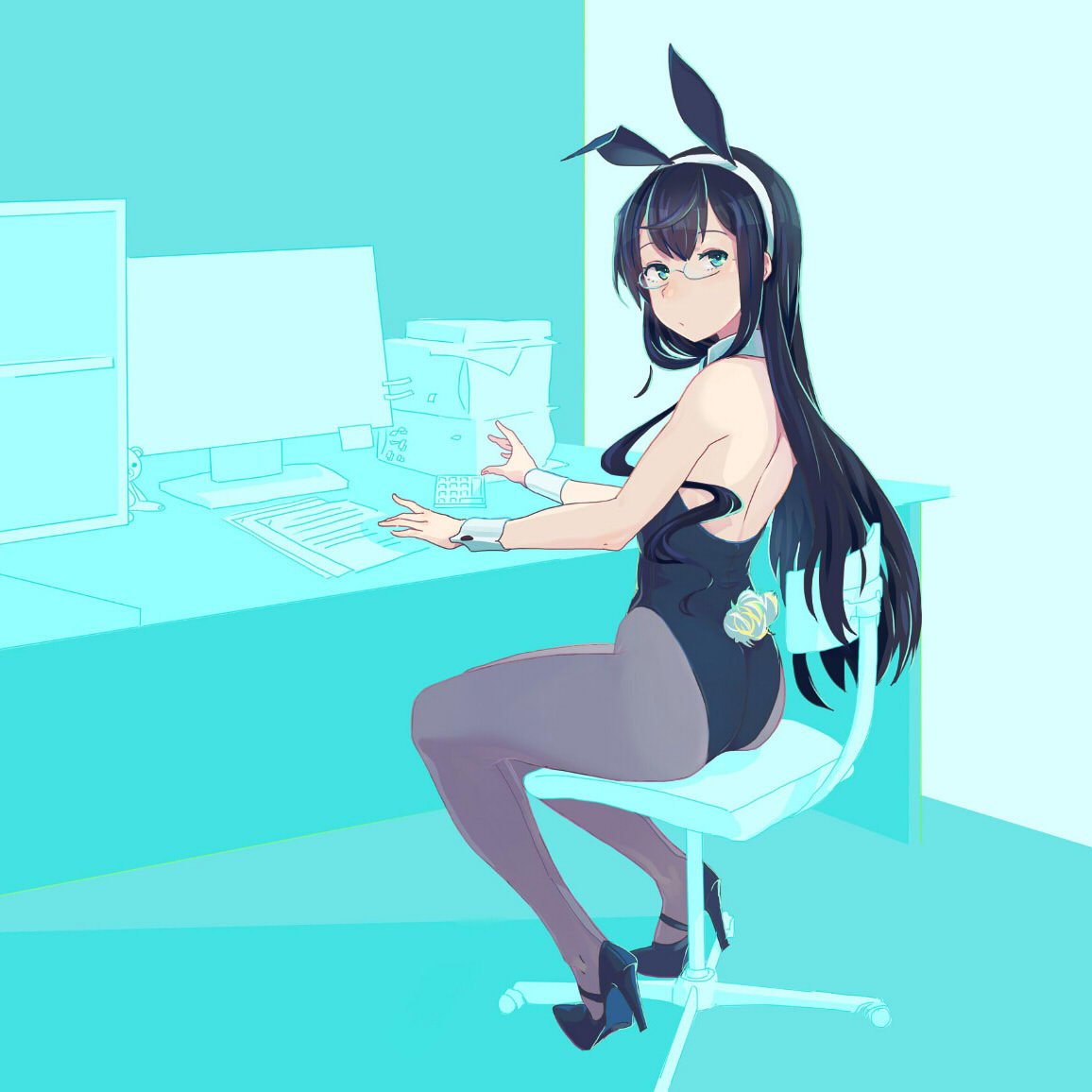 animal_ears black_leotard bunny_girl bunny_tail bunnysuit chair desk detached_collar fake_animal_ears glasses green_eyes high_heels kantai_collection leotard looking_back monitor ooyodo_(kantai_collection) pantyhose rabbit_ears sitting strapless strapless_leotard tail wrist_cuffs you_(yawnmgmg)