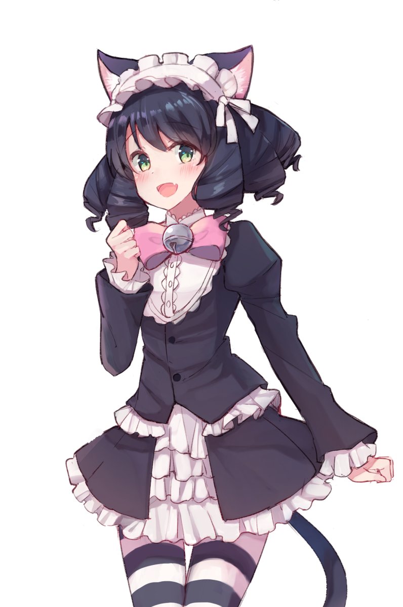 1girl :d animal_ears bangs bell black_dress black_hair blush bow cat_ears cat_girl cat_tail cyan_(show_by_rock!!) dress eyebrows_visible_through_hair fang frilled_hairband gothic_lolita green_eyes hair_between_eyes hairband jingle_bell juliet_sleeves lolita_fashion long_sleeves looking_at_viewer makiaato open_mouth pantyhose pink_bow puffy_sleeves ringlets show_by_rock!! simple_background smile solo striped striped_legwear tail white_background white_hairband