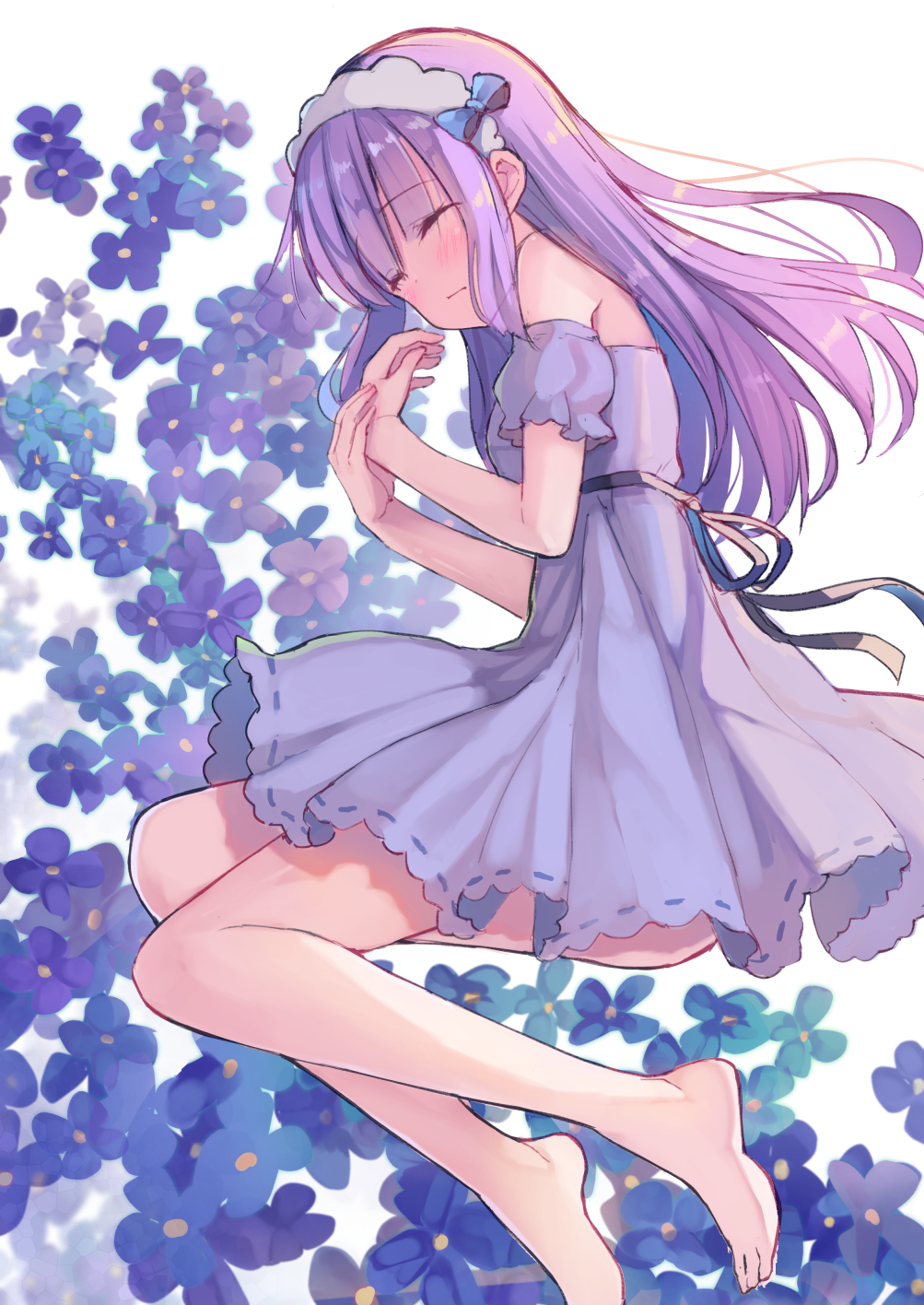 1girl aikatsu! bangs bare_shoulders barefoot black_ribbon blue_bow blue_flower blush bow closed_eyes commentary detached_sleeves dress eyebrows_visible_through_hair flower highres hikami_sumire long_hair lying makiaato on_side own_hands_together puffy_short_sleeves puffy_sleeves purple_dress purple_hair ribbon short_sleeves solo very_long_hair white_background