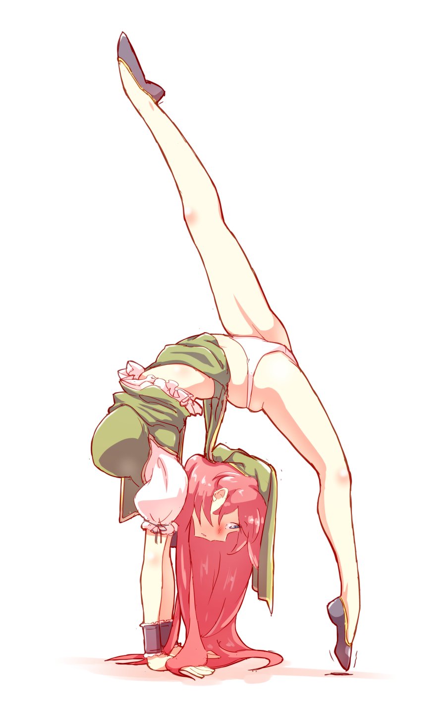 1girl :o alternate_hairstyle arched_back bare_legs black_footwear blue_eyes breasts commentary_request flexible frills from_side full_body green_skirt green_vest handstand highres hong_meiling large_breasts long_hair long_skirt motion_lines no_hat no_headwear no_socks non_(z-art) panties parted_lips puffy_short_sleeves puffy_sleeves redhead shirt shoes short_sleeves simple_background skirt solo split touhou trembling underwear upside-down upskirt vest white_background white_panties white_shirt wrist_cuffs