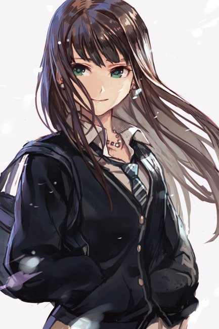 1girl brown_hair cowboy_shot eyebrows_visible_through_hair green_eyes hands_in_pockets hankuri idolmaster idolmaster_cinderella_girls long_hair necktie shibuya_rin smile solo white_background