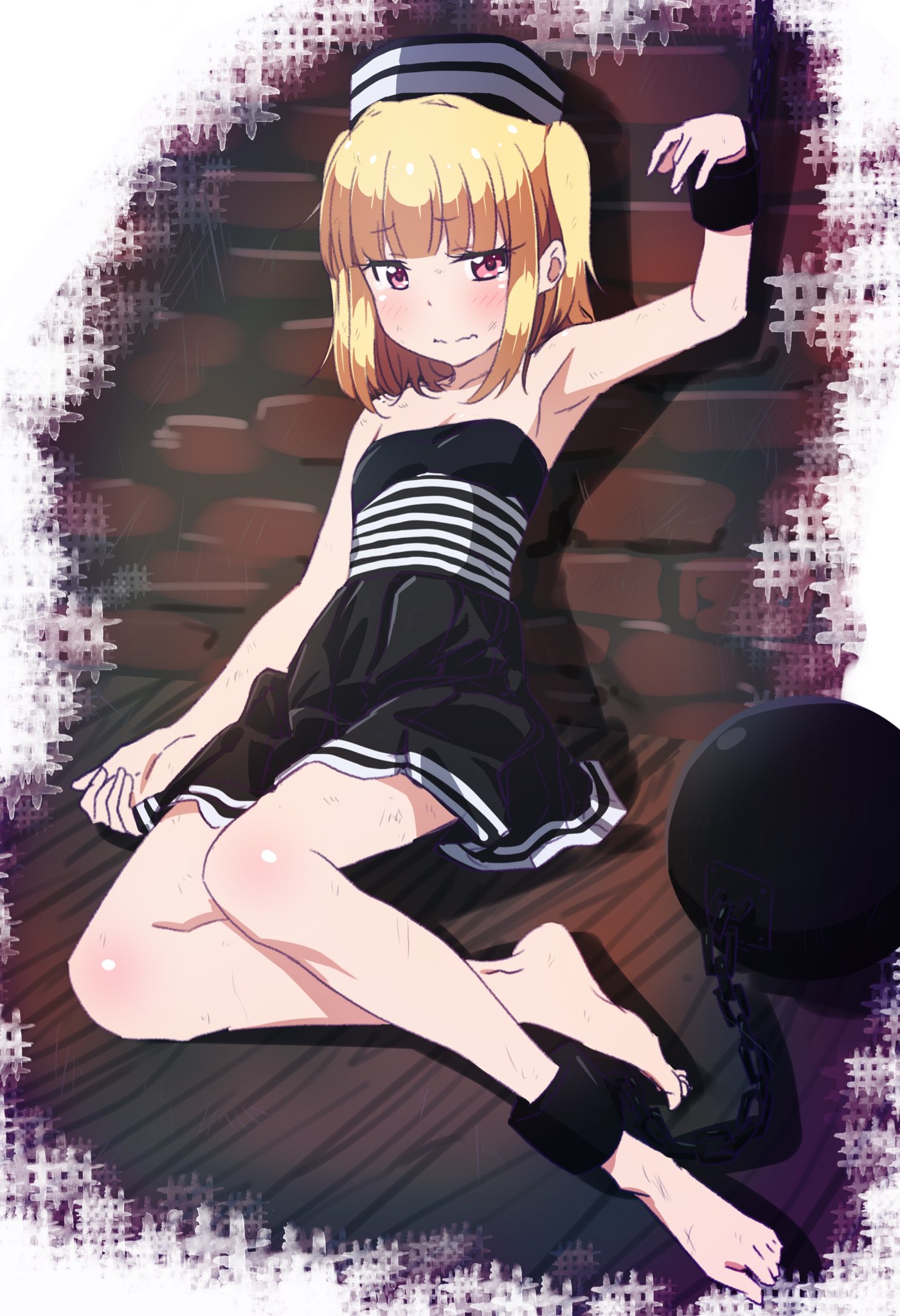 1girl armpits barefoot black_dress black_hat blonde_hair blush breasts bruise cleavage collarbone dress eyebrows_visible_through_hair hat highres iijima_yun injury looking_at_viewer new_game! pink_x red_eyes restrained shiny shiny_skin short_dress sitting sleeveless sleeveless_dress small_breasts solo strapless strapless_dress twintails