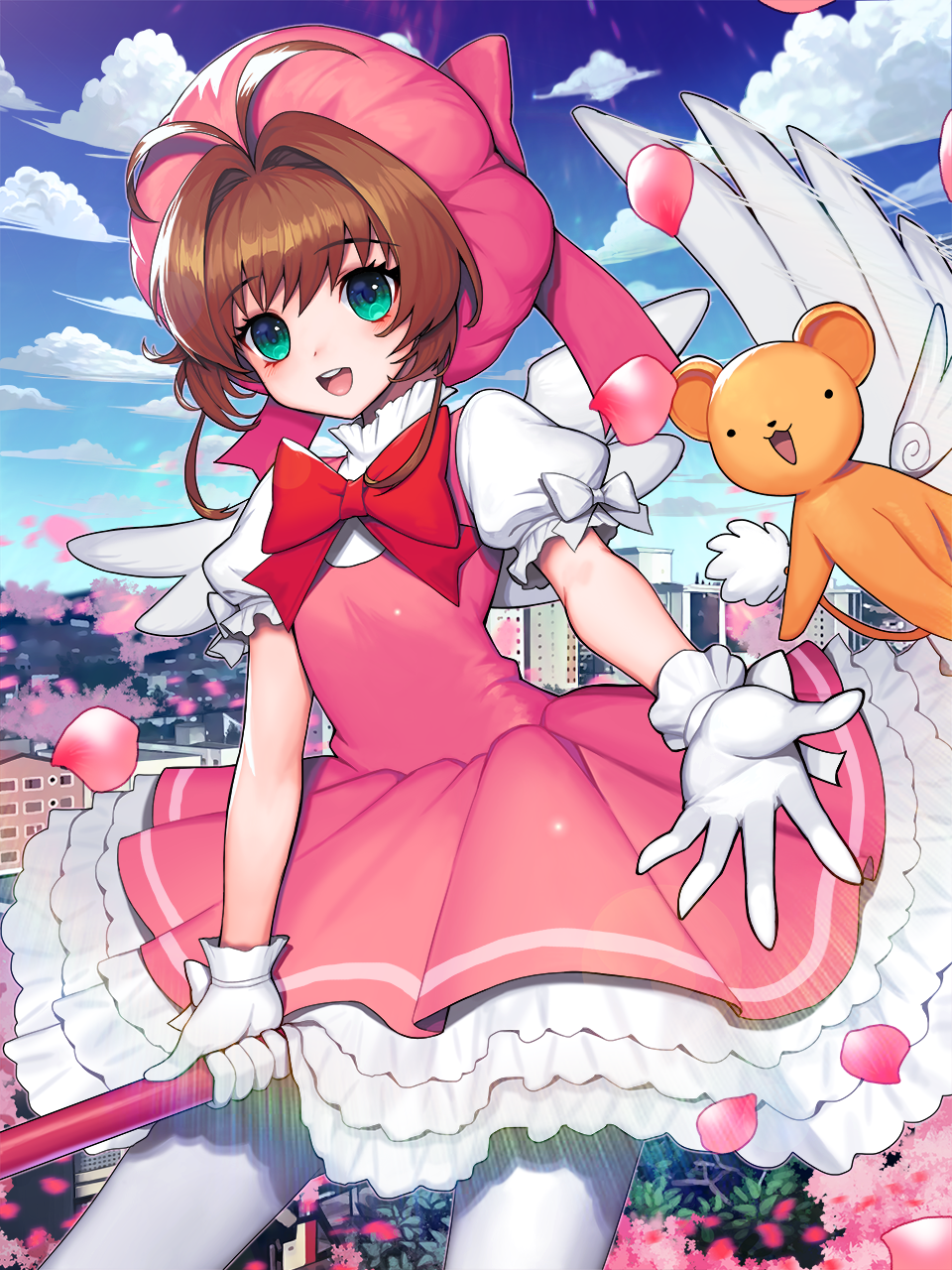 1girl :d antenna_hair bow brown_hair card_captor_sakura cherry_blossoms clouds cowboy_shot creature dress flying frills gloves green_eyes hair_intakes hat hat_bow highres kero kinomoto_sakura kyundoo looking_at_viewer magical_girl object_namesake open_mouth outstretched_hand pantyhose pink_bow pink_dress pink_hat puffy_sleeves red_bow short_hair sky smile staff white_gloves white_legwear white_wings wings