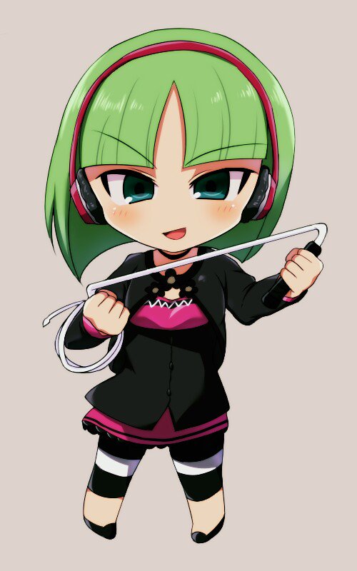 1girl artist_request cropped_jacket eyebrows_visible_through_hair green_eyes green_hair headphones leggings phonon_(under_night_in-birth) short_hair skirt solo striped striped_legwear under_night_in-birth under_night_in-birth_exe:late[st] weapon whip