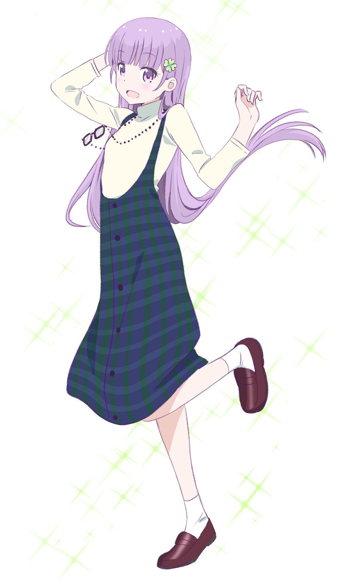 1girl :d brown_footwear clover_hair_ornament eyewear_removed floating_hair full_body hair_ornament hand_in_hair highres long_hair new_game! one_leg_raised open_mouth purple_hair shirt skirt smile socks solo standing standing_on_one_leg suspender_skirt suspenders suzukaze_aoba very_long_hair violet_eyes white_legwear white_shirt