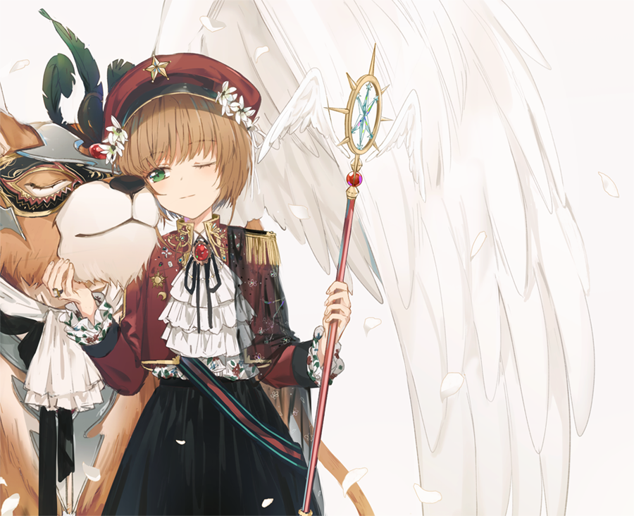 1girl ;) animal ascot badge bangs black_skirt blunt_bangs brooch brown_hair card_captor_sakura closed_eyes closed_mouth crescent crescent_moon_pin dangmill epaulettes eyebrows_visible_through_hair feathered_wings feathers frilled_sleeves frills gem green_eyes hat headpiece holding holding_wand jacket jewelry kinomoto_sakura long_skirt long_sleeves nail_polish one_eye_closed open_clothes open_jacket petals red_hat red_jacket ring short_hair simple_background skirt smile solo star wand white_background white_nails white_wings wings