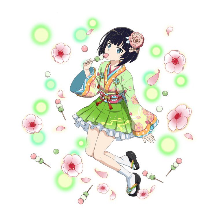 1girl black_hair blue_eyes dango floral_print flower food full_body green_hakama hair_flower hair_ornament hakama hakama_skirt holding holding_food japanese_clothes kimono pink_flower premiere_(sao) short_hair simple_background socks solo sword_art_online wagashi white_background white_legwear