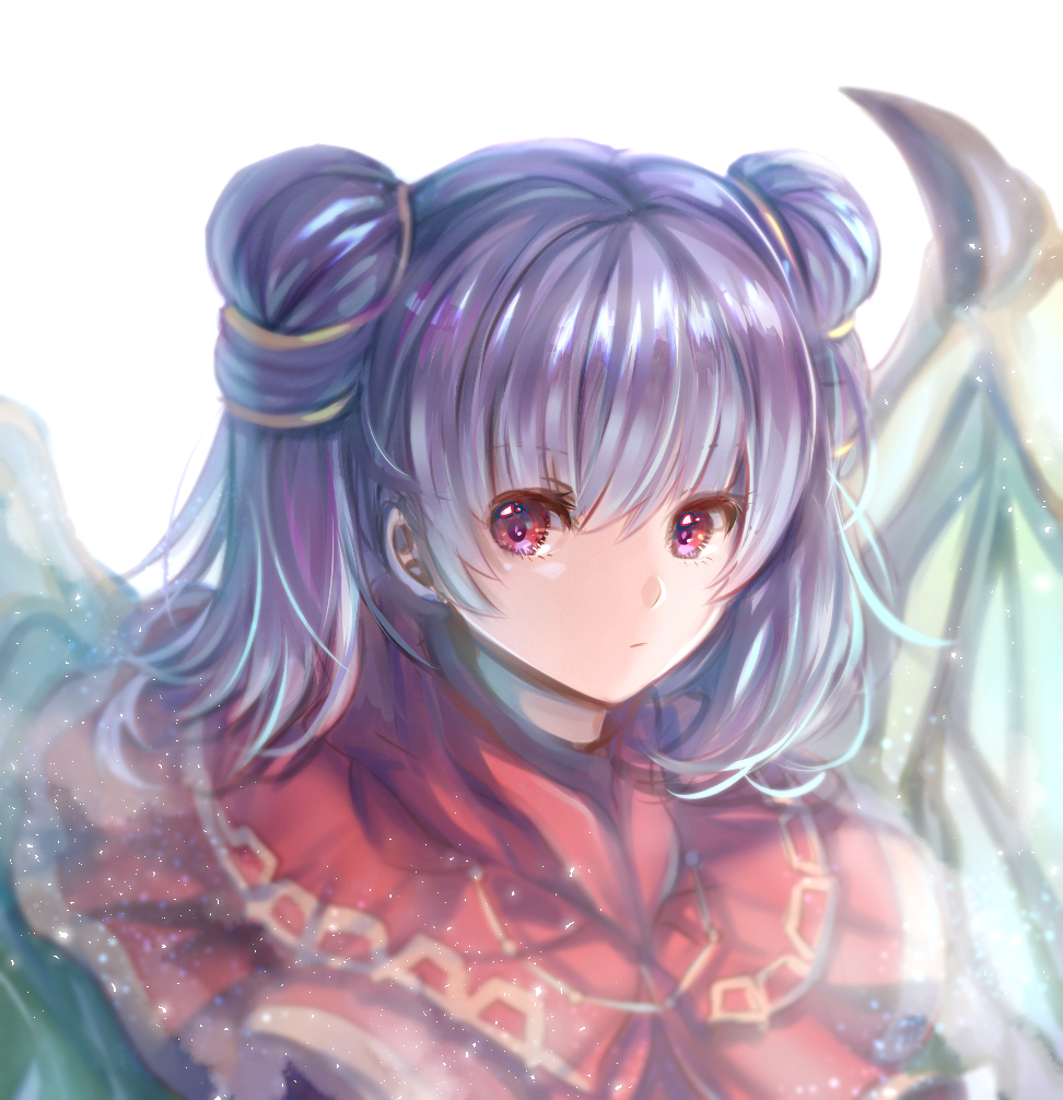 1girl bangs capelet closed_mouth dragon_wings expressionless eyebrows_visible_through_hair fire_emblem fire_emblem:_seima_no_kouseki hair_ornament light_particles long_hair looking_at_viewer myrrh red_capelet shiny shiny_hair simple_background solo spikes two_side_up upper_body vibiki white_background wings