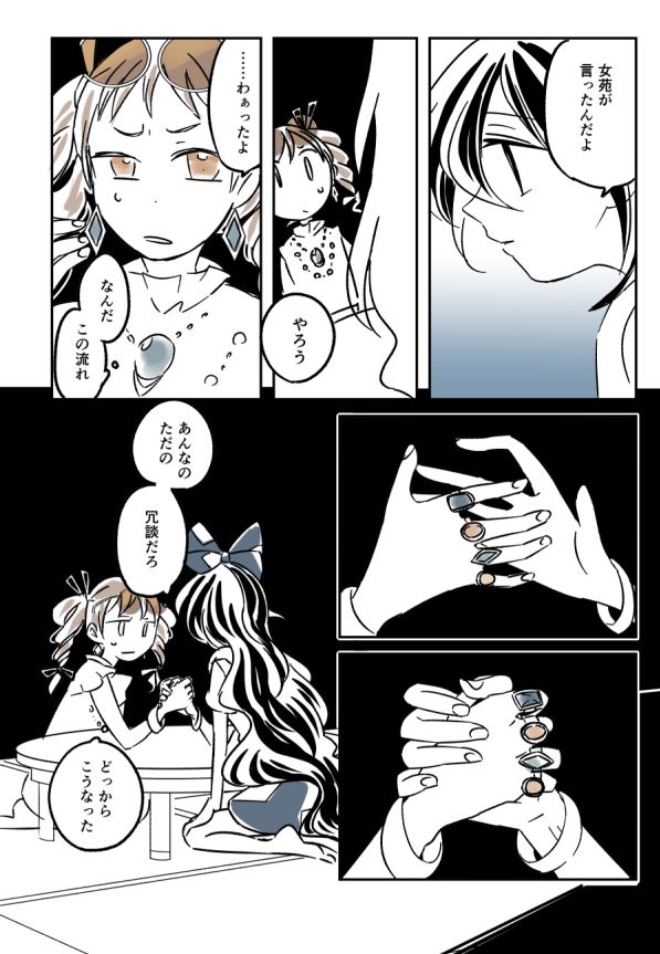 2girls blue_bow bow bracelet comic drill_hair earrings eyewear_on_head hair_bow hand_holding jewelry long_hair multiple_girls necklace partially_colored sitting sunglasses sweat table touhou translation_request twin_drills very_long_hair yamato_junji yorigami_jo'on yorigami_shion