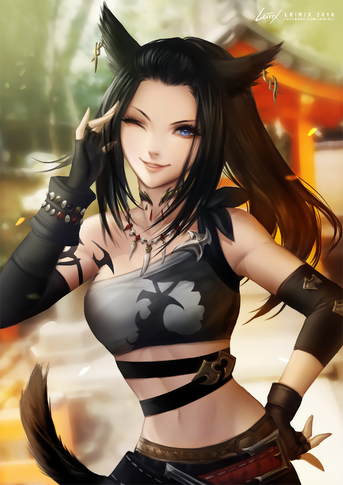 1girl animal_ears black_hair blue_eyes blurry blurry_background cat_ears cat_tail choker commission earrings elbow_gloves final_fantasy final_fantasy_xiv fingerless_gloves gloves jewelry leirix_(leirixart) lips long_hair midriff miqo'te mismatched_gloves monk_(final_fantasy) navel necklace one_eye_closed parted_lips ponytail signature single_elbow_glove smile solo tail tattoo upper_body watermark web_address