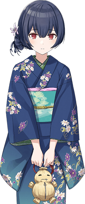 1girl blue_hair blue_kimono closed_mouth doll eyebrows_visible_through_hair floral_print idolmaster idolmaster_shiny_colors japanese_clothes kimono looking_at_viewer morino_rinze obi official_art red_eyes sash solo transparent_background
