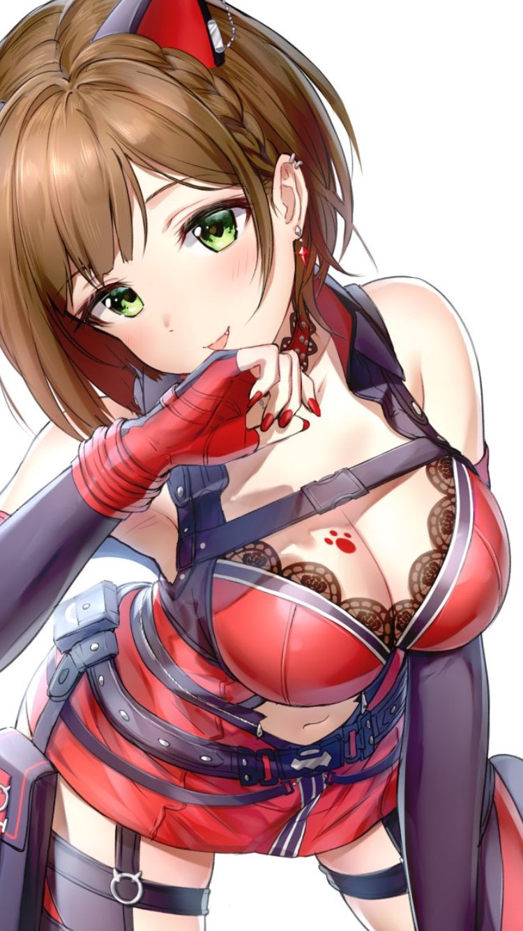1girl animal_ears bangs bare_shoulders belt blush bodysuit braid breast_tattoo breasts brown_hair cat_ears choker cleavage collarbone dress ear_piercing earrings elbow_gloves eyebrows_visible_through_hair fang fingerless_gloves gloves green_eyes highres hips idolmaster idolmaster_cinderella_girls idolmaster_cinderella_girls_starlight_stage jewelry large_breasts looking_at_viewer maekawa_miku nail_polish navel navel_cutout paw_print piercing pouch red_bodysuit red_gloves red_nails short_braid short_dress short_hair side_braid simple_background smile solo swept_bangs takeashiro tattoo thigh_strap thighs tongue tongue_out white_background
