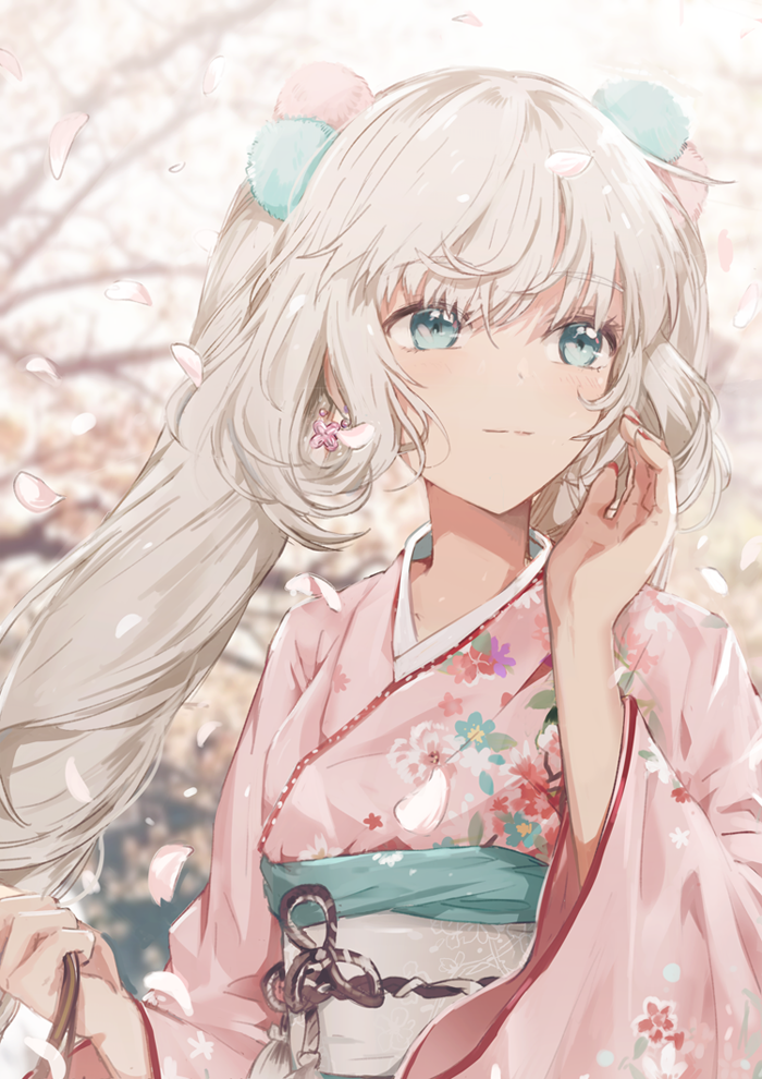 1girl bangs blue_eyes blurry blurry_background character_request cherry_blossoms closed_mouth commentary_request dangmill earrings eyebrows_visible_through_hair fate_(series) floral_print flower_earrings hair_ornament hand_up holding japanese_clothes jewelry kimono long_hair looking_to_the_side nail_polish obi petals pink_kimono print_kimono red_nails sash solo tree upper_body very_long_hair white_hair wide_sleeves wind