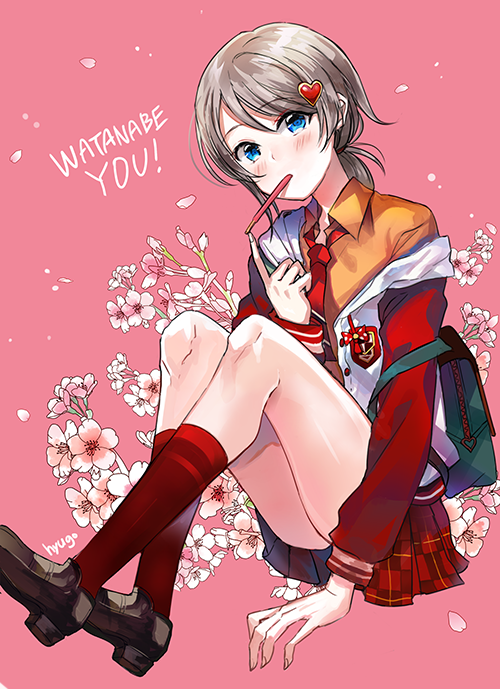 1girl bag blue_eyes blush brown_footwear brown_hair character_name collared_shirt emblem eyebrows_visible_through_hair flower food food_in_mouth full_body hair_ornament hairclip heart heart_hair_ornament hyugo jacket kneehighs loafers long_hair long_sleeves looking_at_viewer love_live! love_live!_sunshine!! low_ponytail miniskirt necktie off_shoulder open_clothes open_jacket orange_shirt petals pink_background pink_flower plaid plaid_skirt pleated_skirt pocky red_legwear red_neckwear red_skirt school_bag school_uniform shiny shiny_skin shirt shoes sitting skirt solo tareme thighs unbuttoned watanabe_you white_jacket wing_collar