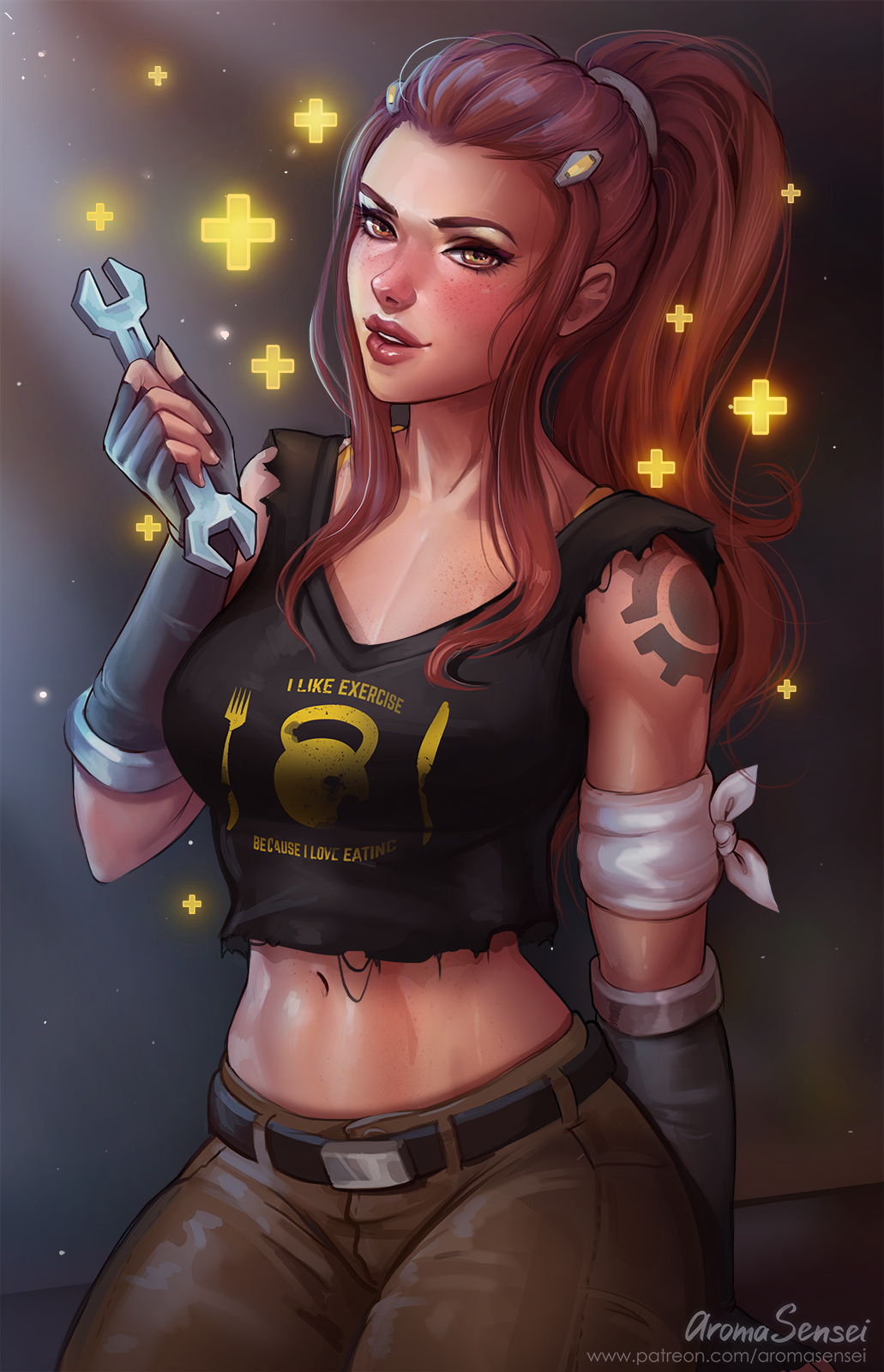 1girl aroma_sensei artist_name belt black_shirt breasts brigitte_(overwatch) brown_eyes brown_hair brown_pants cleavage commentary cowboy_shot crop_top fingerless_gloves freckles gloves grey_background highres holding_wrench lips long_hair looking_at_viewer medium_breasts midriff navel overwatch pants parted_lips ponytail print_shirt shirt shoulder_tattoo sidelocks signature sleeveless sleeveless_shirt smile solo tattoo upper_teeth watermark web_address wrench