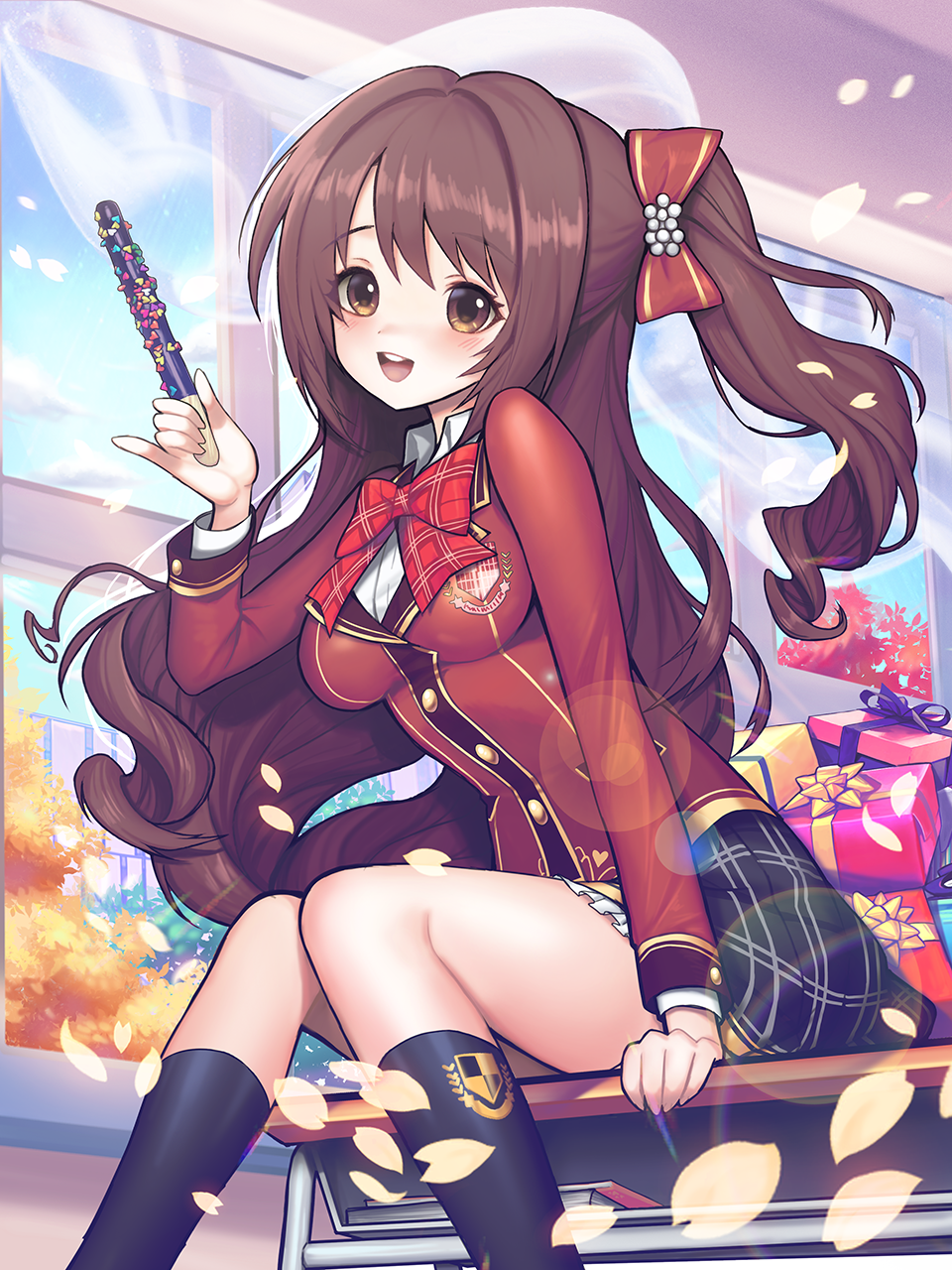 1girl :d black_legwear black_skirt blazer blush bow bowtie brown_eyes brown_hair cropped_feet desk eyebrows_visible_through_hair food gift hair_bow highres holding holding_food idolmaster idolmaster_cinderella_girls idolmaster_cinderella_girls_starlight_stage jacket kneehighs kyundoo long_hair looking_at_viewer love_letter_(idolmaster) open_mouth petals plaid plaid_bow plaid_skirt pocky red_bow school_uniform shimamura_uzuki side_ponytail sitting skirt smile solo