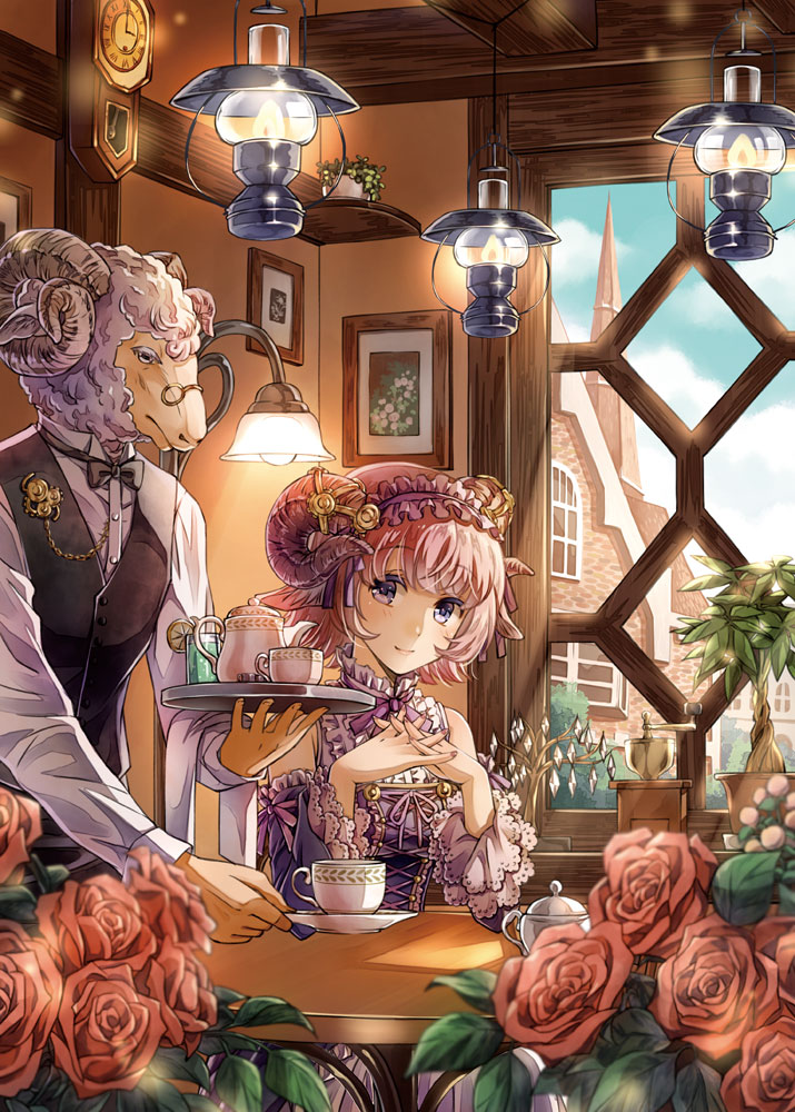 1boy 1girl animal_ears clock commentary_request cup flower glasses hairband horns interlocked_fingers lantern original red_flower red_rose riolabo rose sheep sitting steeple table teacup teapot tray violet_eyes waiter window