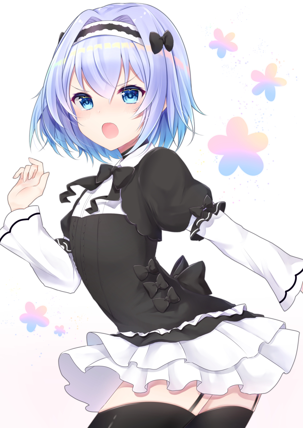 1girl :o bangs black_bow black_dress black_legwear blue_eyes blue_hair bow commentary_request dress eyebrows_visible_through_hair garter_straps hair_between_eyes hair_bow hair_intakes hairband hand_up highres long_sleeves looking_at_viewer looking_to_the_side open_mouth puffy_short_sleeves puffy_sleeves ryuuou_no_oshigoto! shiarisu short_over_long_sleeves short_sleeves solo sora_ginko tears thigh-highs v-shaped_eyebrows white_background