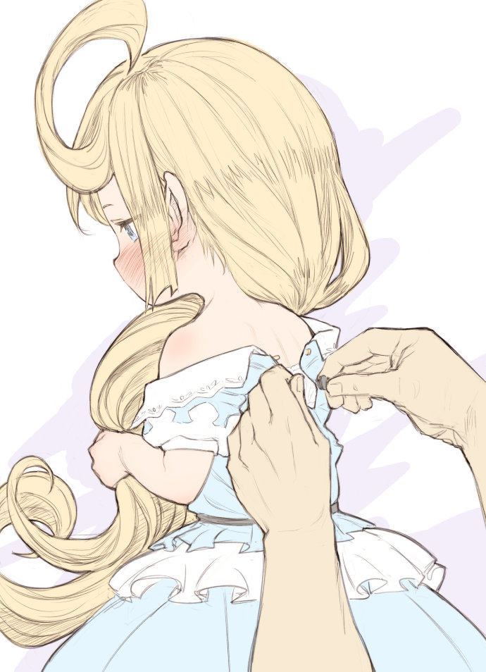 1boy 1girl adjusting_another's_clothes bare_shoulders blonde_hair blue_dress blush charlotta_(granblue_fantasy) crown dress dressing ear_blush from_behind from_side granblue_fantasy harbin holding holding_hair long_hair nose_blush out_of_frame pointy_ears pov pov_hands profile short_sleeves sketch solo_focus very_long_hair walkalone white_background