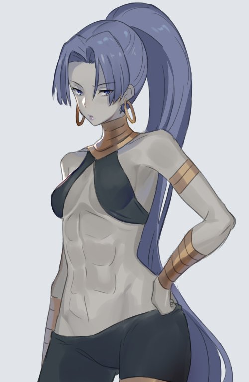 1girl abs assassin_(fate/zero) bare_shoulders bracer breasts dark_skin earrings fate/zero fate_(series) female_assassin_(fate/zero) grey_background hand_on_hip hoop_earrings jewelry keemu_(occhoko-cho) long_hair looking_at_viewer ponytail purple_hair revealing_clothes small_breasts solo very_long_hair violet_eyes