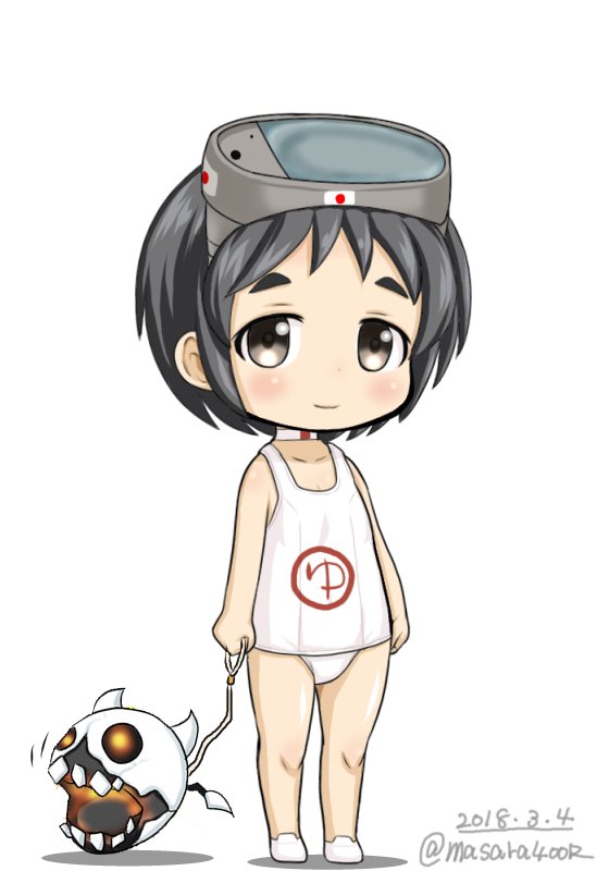 1girl bangs black_hair brown_eyes dated diving_mask diving_mask_on_head enemy_aircraft_(kantai_collection) full_body kantai_collection maru-yu_(kantai_collection) masara_(masalucky2010) parted_bangs school_swimsuit short_hair solo swimsuit twitter_username white_school_swimsuit white_swimsuit