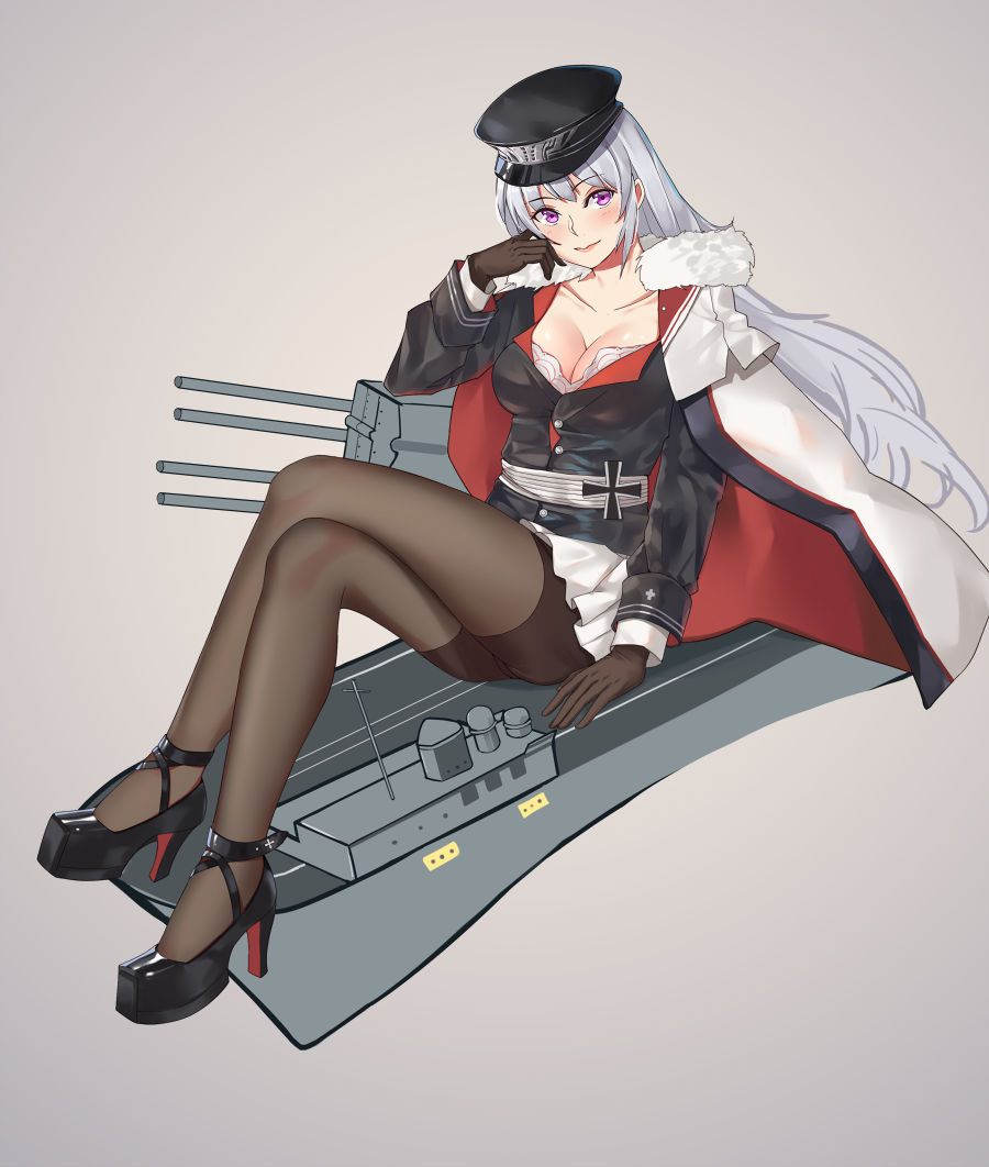 1girl arm_at_side azur_lane black_footwear black_hat black_jacket blush breasts brown_gloves brown_legwear cape cleavage closed_mouth collarbone eyebrows_visible_through_hair full_body fur-trimmed_cape fur_trim gloves gradient graf_zeppelin_(azur_lane) grey_background hand_on_own_face hand_up hat high_heels iron_cross jacket knees_up large_breasts legs_crossed lips long_hair long_sleeves looking_at_viewer miniskirt muko_(kokia38) pantyhose pink_eyes silver_hair skirt smile solo straight_hair turret very_long_hair white_cape white_skirt