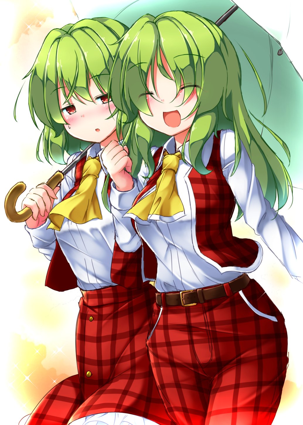 2girls aka_tawashi ascot belt blush breasts brown_belt clenched_hand closed_eyes commentary_request cowboy_shot dual_persona eyebrows_visible_through_hair green_hair hand_up highres holding holding_umbrella kazami_yuuka kazami_yuuka_(pc-98) long_hair long_sleeves looking_at_another medium_breasts multiple_girls open_mouth pants parted_lips petticoat plaid plaid_pants plaid_skirt plaid_vest red_eyes red_pants red_skirt red_vest shirt short_hair skirt smile standing sweatdrop touhou touhou_(pc-98) umbrella vest white_background white_shirt yellow_neckwear