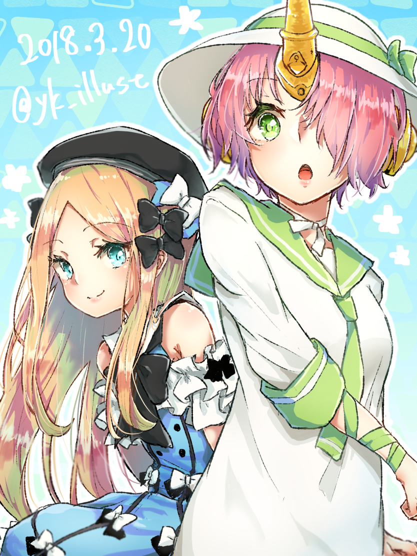 2girls :o abigail_williams_(fate/grand_order) bangs bare_shoulders beret black_bow black_hat blonde_hair blue_dress blue_eyes bow closed_mouth commentary_request dated dress eyebrows_visible_through_hair fate/grand_order fate_(series) frankenstein's_monster_(fate) green_eyes green_neckwear green_sailor_collar hair_over_one_eye hat horn kyudo-yuki long_hair long_sleeves looking_at_viewer multiple_girls parted_bangs parted_lips pink_hair sailor_collar sailor_dress sleeveless sleeveless_dress smile sun_hat twitter_username very_long_hair white_bow white_dress white_hat