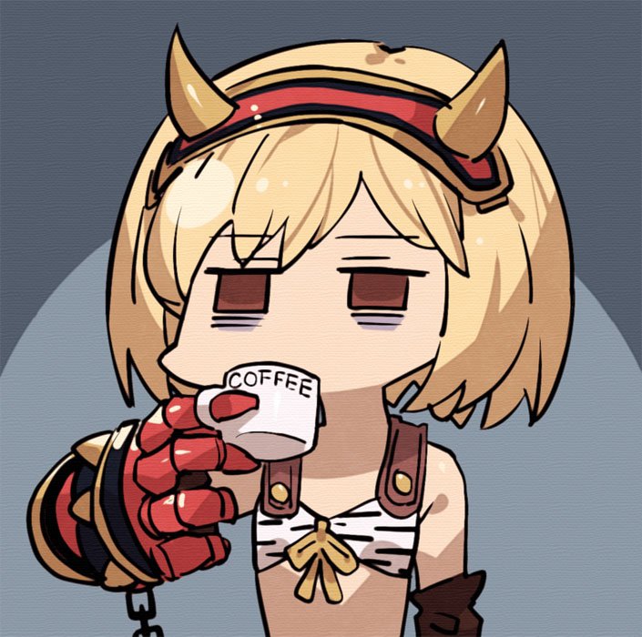 1girl animal_print bags_under_eyes benitama blonde_hair chibi cup djeeta_(granblue_fantasy) gauntlets granblue_fantasy hairband horns mug ogre_(granblue_fantasy) short_hair upper_body zebra_print