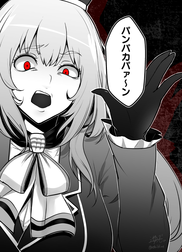 1girl atago_(kantai_collection) breasts ebiblue gesugao gloves hat kantai_collection long_hair looking_at_viewer monochrome pan-pa-ka-paaan! red_eyes solo teeth