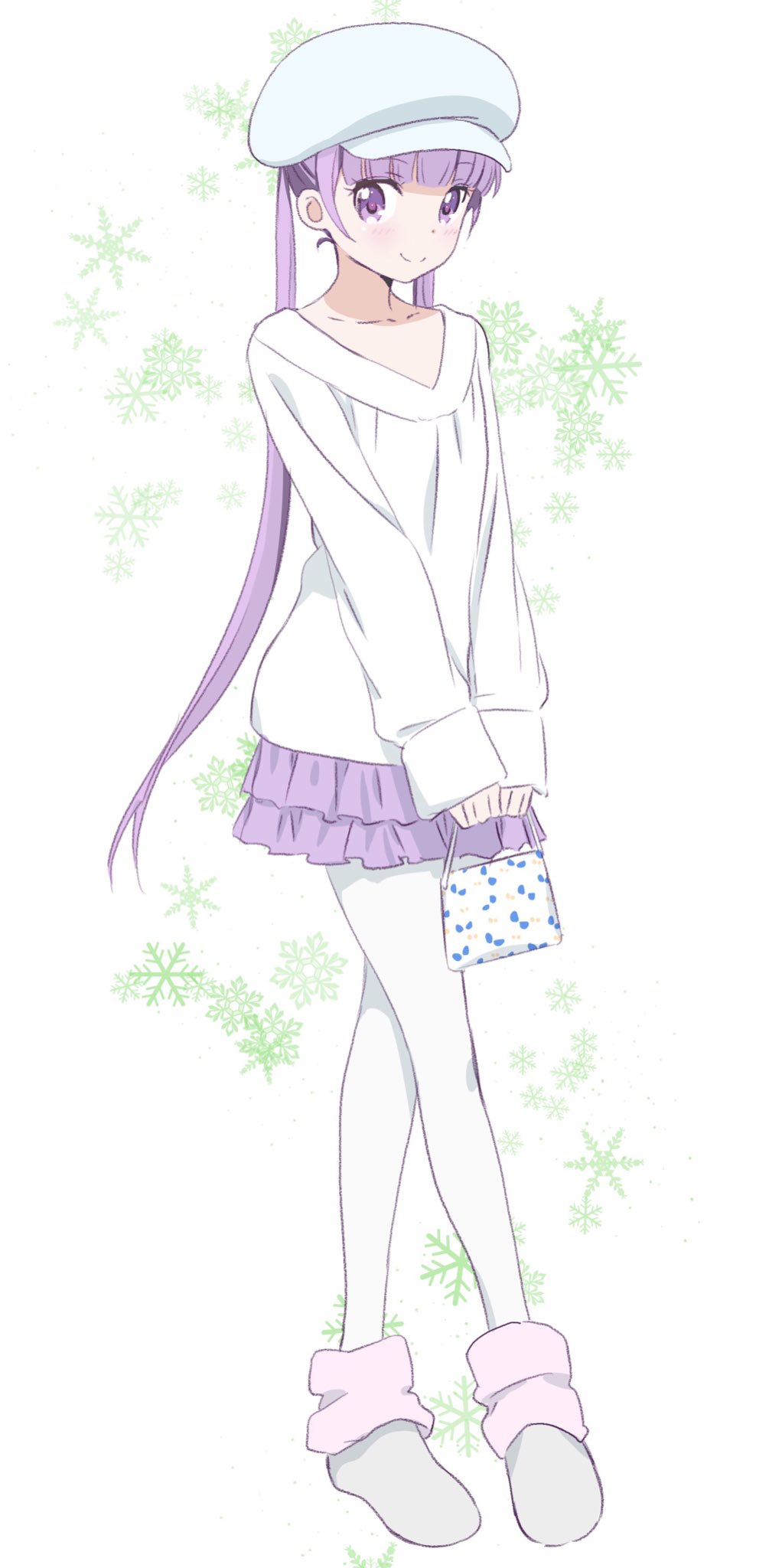 1girl blue_hat blush collarbone eyebrows_visible_through_hair full_body hat highres layered_skirt long_hair looking_at_viewer miniskirt new_game! pantyhose purple_hair purple_skirt simple_background skirt smile snowflakes solo standing suzukaze_aoba sweater twintails very_long_hair violet_eyes white_background white_legwear white_sweater