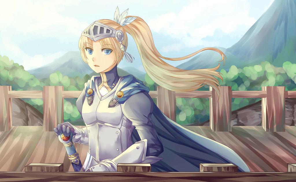 1girl armor blonde_hair blue_eyes bracer breastplate cape forte_(rune_factory) gloves hair_ornament long_hair ponytail rune_factory solo sword user_gtg0024 visor_(armor) weapon