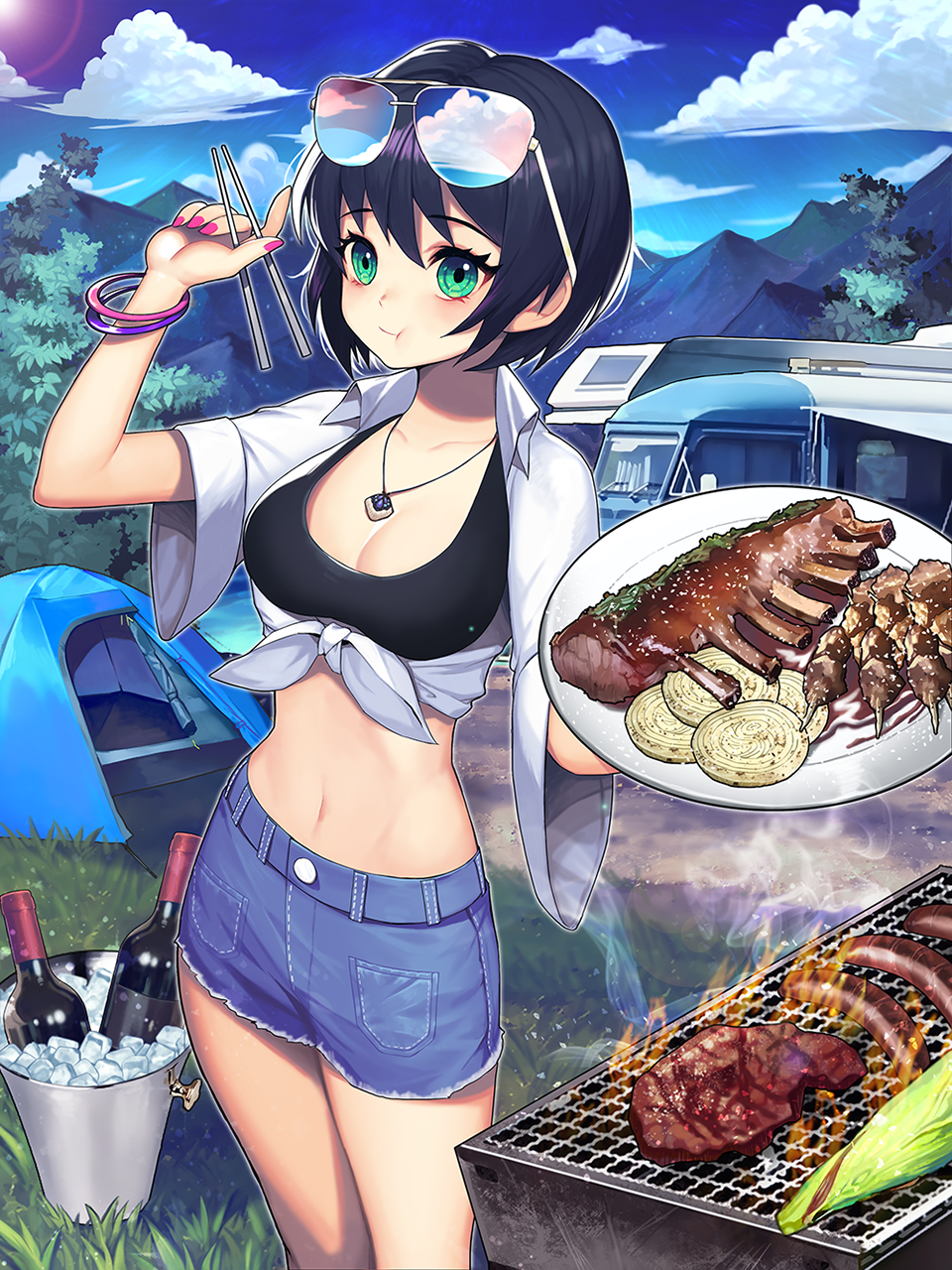 1girl :t barbecue black_hair blue_skirt bracelet breasts bucket camping chopsticks cleavage closed_mouth clouds collarbone corn cowboy_shot cup drinking_glass eating eyewear_on_head food green_eyes highres ice ice_cube jewelry kyundoo looking_at_viewer meat medium_breasts midriff mountain nail_polish navel onion original outdoors pink_nails plate ribs_(food) sausage shirt short_hair skirt sky solo tree white_shirt wine_glass