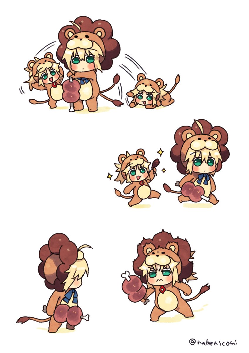 ahoge artoria_pendragon_(all) blonde_hair fate/grand_order fate_(series) food green_eyes highres meat mordred_(fate) mordred_(fate)_(all) nabenko ribbon saber saber_lion sparkle tail_wagging twitter_username