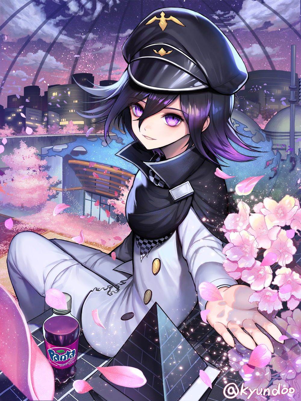 1boy black_cape black_hat brand_name_imitation cape cherry_blossoms city dangan_ronpa fanta flipped_hair hair_between_eyes hat highres kyundoo looking_at_viewer male_focus new_dangan_ronpa_v3 ouma_kokichi outstretched_hand pants peaked_cap purple_hair sitting smile solo twitter_username violet_eyes white_pants