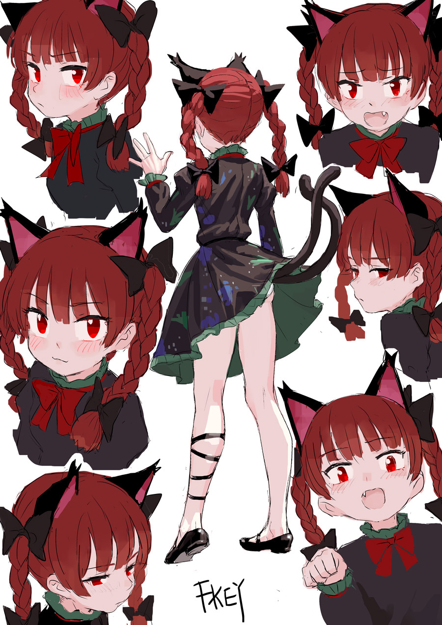 1girl :3 animal_ears artist_name black_bow black_dress black_footwear blush bow braid cat_ears cat_tail commentary_request dress eyebrows_visible_through_hair fang fkey from_behind full_body hair_bow hand_up highres juliet_sleeves kaenbyou_rin long_sleeves looking_at_viewer mary_janes multiple_tails multiple_views neck_bow open_mouth panties panty_peek paw_pose petticoat puffy_sleeves red_bow red_eyes red_neckwear redhead shoes simple_background smile standing tail touhou twin_braids twintails two_tails underwear upper_body white_background white_panties