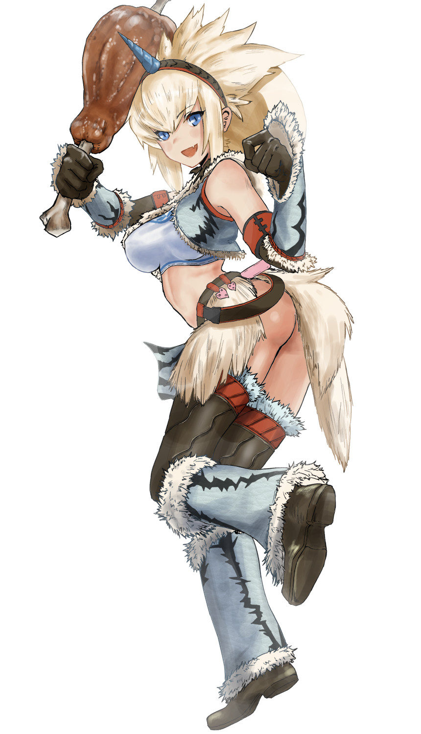 1girl ass blue_eyes boots fang flasso full_body fur_trim gloves highres horned_headwear kirin_(armor) looking_at_viewer monster_hunter open_mouth pelt simple_background solo spiky_hair thigh-highs white_background