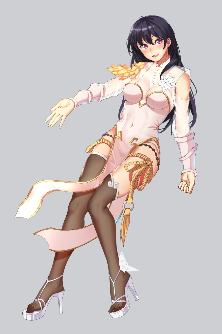 1girl :d arm_guards armor asymmetrical_clothes bangs black_hair blush breasts brown_legwear cleavage copyright_request covered_navel dress eyebrows_visible_through_hair full_body high_heels highres long_hair looking_at_viewer medium_breasts muko_(kokia38) open_mouth outstretched_arm pauldrons pelvic_curtain pink_hair rope see-through shiny shiny_hair shoulder_armor single_bare_shoulder smile solo thigh-highs thigh_strap white_dress white_footwear