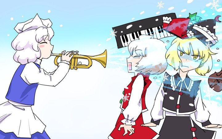 3girls blonde_hair blush_stickers brown_hair closed_eyes cosplay hat instrument keyboard_(instrument) letty_whiterock letty_whiterock_(cosplay) lunasa_prismriver lyrica_prismriver meimaru_inuchiyo merlin_prismriver mob_cap multiple_girls short_hair siblings sisters skirt touhou trumpet vest violin white_hair yellow_eyes