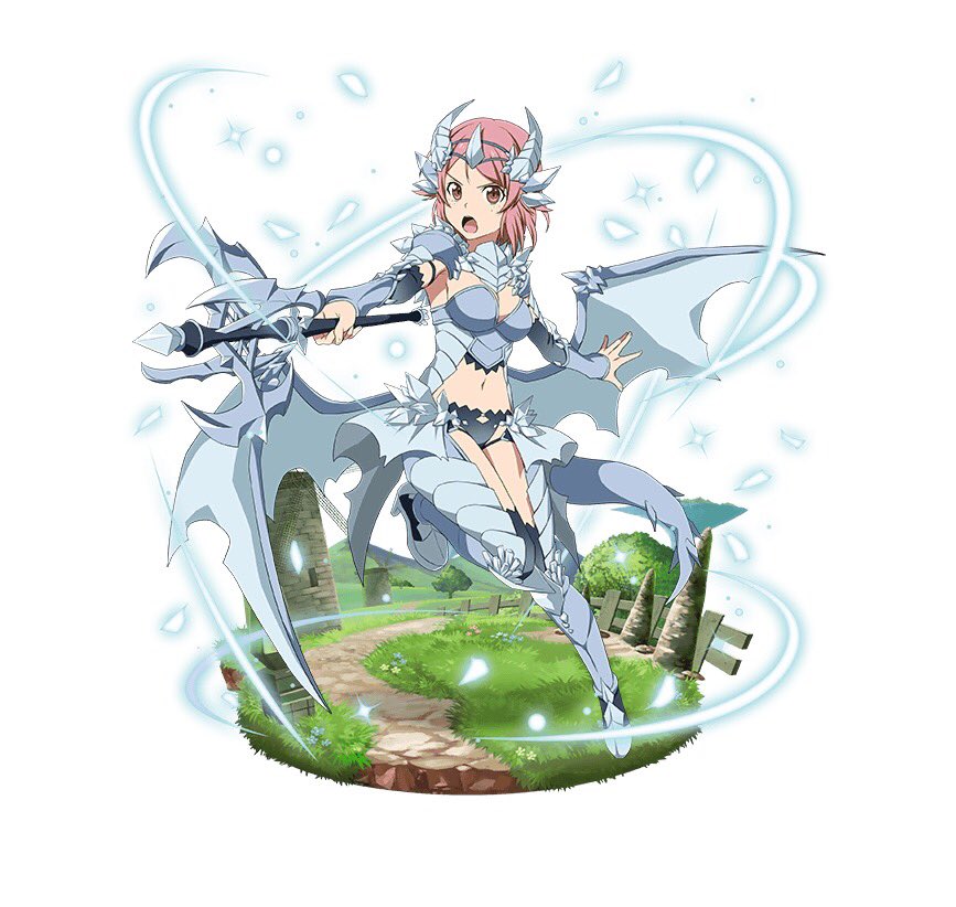1girl armor armored_boots black_legwear black_shorts boots breasts brown_eyes crop_top dragon_wings fake_horns faux_figurine full_body grey_footwear holding holding_staff lisbeth medium_breasts midriff navel one_leg_raised open_mouth pink_hair short_hair short_shorts shorts sideboob simple_background solo spaulders staff stomach sword_art_online thigh-highs white_background wings