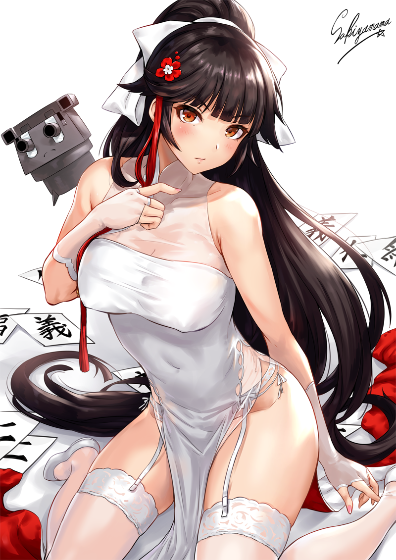 1girl alternate_costume artist_name azur_lane bad_proportions bare_shoulders blush bow breasts brown_eyes china_dress chinese_clothes closed_mouth collarbone covered_navel dress flipped_hair flower garter_straps hair_bow hair_flower hair_ornament hand_on_own_chest large_breasts long_hair looking_at_viewer ponytail sakiyamama simple_background sitting solo takao_(azur_lane) turret very_long_hair wariza white_background white_bow white_dress