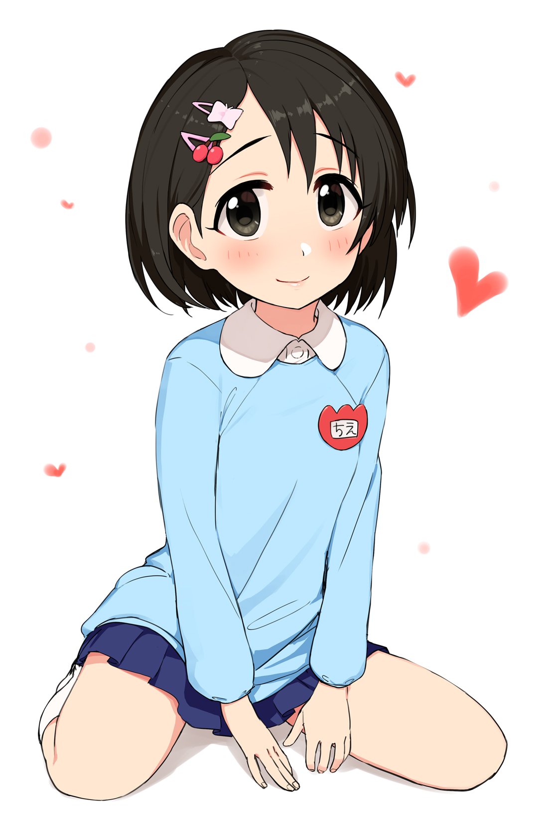 1girl black_eyes black_hair blue_shirt blush butterfly_hair_ornament cherry_hair_ornament collared_shirt eyebrows_visible_through_hair food_themed_hair_ornament hair_ornament hairclip heart highres idolmaster idolmaster_cinderella_girls kindergarten_uniform long_sleeves looking_at_viewer name_tag omaru_gyuunyuu pleated_skirt sasaki_chie shirt short_hair simple_background sitting skirt smile solo wariza