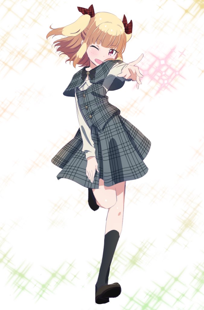 1girl ;d black_legwear blonde_hair eyebrows_visible_through_hair floating_hair full_body grey_skirt hair_ribbon iijima_yun index_finger_raised kneehighs looking_at_viewer miniskirt new_game! one_eye_closed one_leg_raised open_mouth outstretched_arm red_eyes ribbon sidelocks skirt smile solo standing standing_on_one_leg twintails