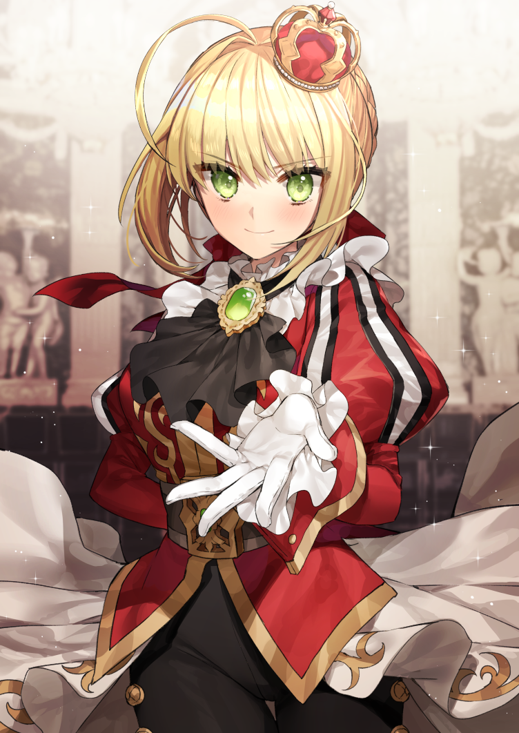 &gt;:) 1girl ahoge alternate_costume arm_behind_back bangs belt black_neckwear black_pants blonde_hair blurry blurry_background blush braid brooch brown_belt cape chandelier closed_mouth column commentary cowboy_shot cravat crown emerald eyebrows_visible_through_hair fate/extra fate_(series) formal french_braid gambe gem gloves green_eyes hair_between_eyes hair_intakes huge_ahoge jacket jewelry juliet_sleeves long_sleeves looking_at_viewer mini_crown nero_claudius_(fate) nero_claudius_(fate)_(all) outstretched_hand pants pillar puffy_sleeves reaching_out red_jacket shiny shiny_hair short_hair_with_long_locks sidelocks smile solo sparkle standing thigh_gap tsurime v-shaped_eyebrows waist_cape white_cape white_gloves