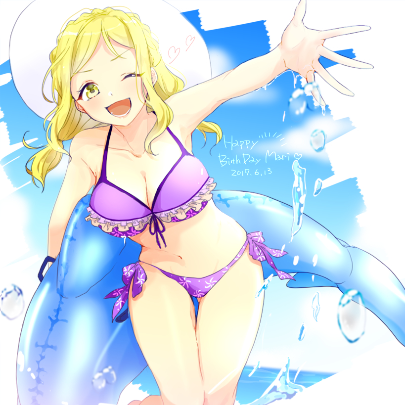 1girl ;d azuma_(no488888) bikini blonde_hair braid breasts cleavage crown_braid dated frilled_bikini frills happy_birthday hat heart inflatable_dolphin inflatable_toy long_hair looking_at_viewer love_live! love_live!_sunshine!! low_twintails medium_breasts midriff navel ohara_mari one_eye_closed open_mouth purple_bikini side-tie_bikini smile solo splashing sun_hat swimsuit thigh_gap twintails v-shaped_eyebrows yellow_eyes