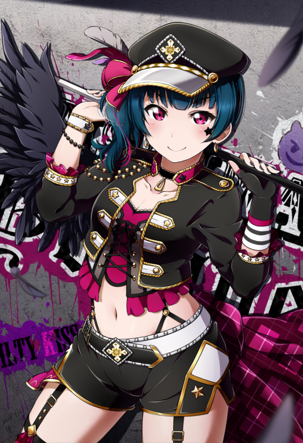 1girl alternate_hairstyle bangs belt black_gloves black_wing blue_hair bracelet breasts choker cleavage collarbone cropped_jacket cross-laced_clothes earrings facial_mark feathered_wings fingerless_gloves frilled_sleeves frills garters gloves graffiti hat hat_feather highres jewelry looking_at_viewer love_live! love_live!_school_idol_festival love_live!_sunshine!! navel plaid_cape shiimai short_shorts shorts side_ponytail side_slit single_glove single_wing small_breasts smile solo star studded_belt tsushima_yoshiko violet_eyes waist_cape wings
