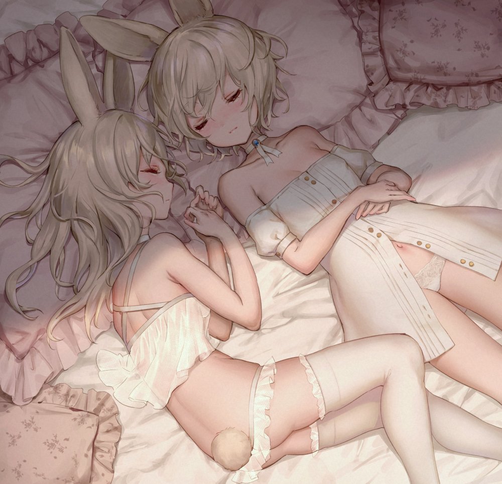 2girls animal_ears ass bangs bare_arms bare_shoulders bed_sheet blush breasts bunny_girl bunny_tail choker closed_eyes closed_mouth collarbone commentary crop_top dress eyebrows_visible_through_hair frilled_pillow frills hair_between_eyes hands_up long_hair lying multiple_girls navel off-shoulder_dress off_shoulder on_back on_side original panties panty_pull pillow profile puffy_short_sleeves puffy_sleeves rabbit_ears short_hair short_sleeves silver_hair sleeping small_breasts tail thigh-highs underwear white_choker white_dress white_legwear white_panties yutsumoe