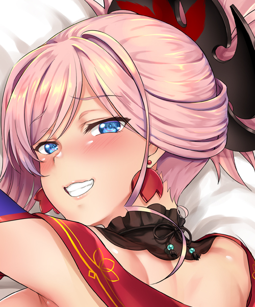 1girl blue_eyes blush dakimakura earrings fate/grand_order fate_(series) jewelry looking_at_viewer miyamoto_musashi_(fate/grand_order) smile white_hair yo-chaosangel