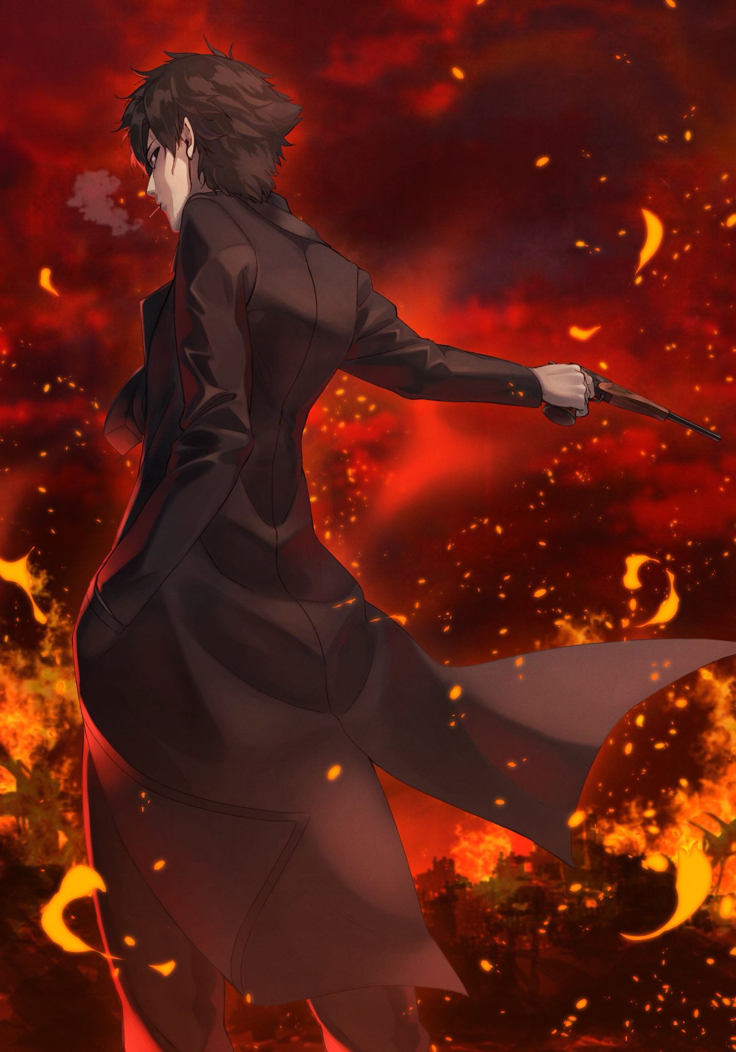 1boy akamiso_(k074510) black_cape black_pants brown_hair cape emiya_kiritsugu fate/zero fate_(series) fire from_behind from_below gun hand_in_pocket highres holding holding_gun holding_weapon outdoors outstretched_arm pants smoking solo standing weapon