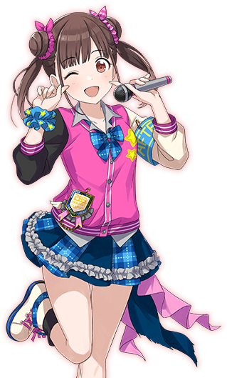 1girl armband blue_neckwear blue_scrunchie blush bow brown_eyes brown_hair double_bun fingers_to_cheek frills hair_ornament hair_scrunchie idol_clothes idolmaster idolmaster_shiny_colors jacket microphone miniskirt official_art open_mouth pink_bow pink_jacket pink_scrunchie pointing pointing_at_self scrunchie shoes short_twintails skirt smile solo sonoda_chiyoko star twintails white_footwear wrist_scrunchie